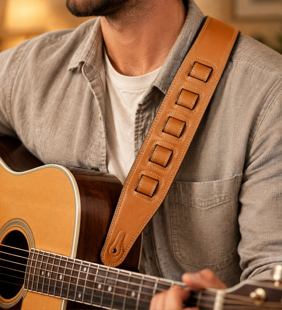 Isuzi Bass Strap BST11-1 Wide Black Garment leather Guitar/Bass strap with a TAN Top